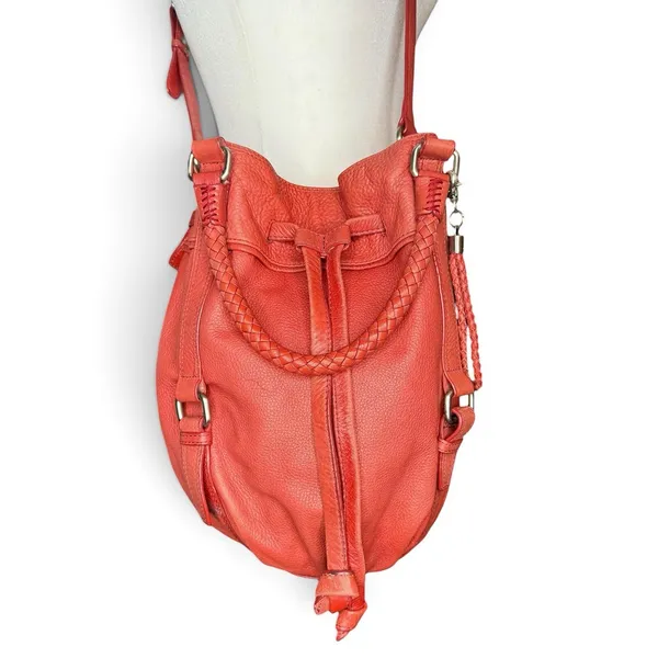 The Sak Red Pebbled Leather Bucket Bag Braided Drawstring Crossbody Handbag Hobo - Image 8