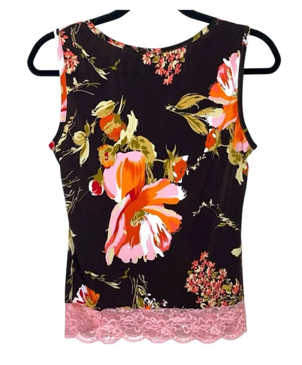 Y2K j.t.b. Floral and lace trim wraps v-neck tank top large brown pink orange poppy - Image 2