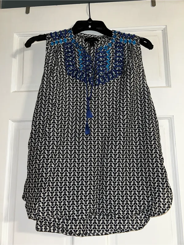 J. Crew Blue & White Printed Sleeveless Tank with Blue Embroidered Yoke - Image 3