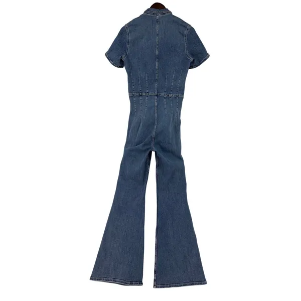 FP We The Free Jayde Flare Denim Jumpsuit Blue Zip Front Retro Romper Size L - Image 6