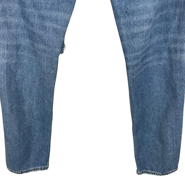 American Eagle SZ 4 LONG Mom Jeans Hi-Rise Distressed Rip Zip-Fly Whiskered Blue - Image 6
