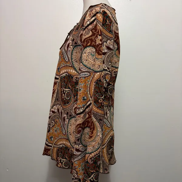 Giorgio Fiorlini Collection Tunic XL Brown Paisley Keyhole Lettuce Edge Boho - Image 4