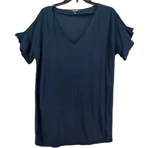 Madewell Easy Mini Dress Womens M Blue Ruffle Sleeves V Neck Preppy‎ SMALL FLAW - Image 2