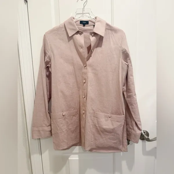 THEORY‎ Linen Blend Belted Shirt Jacket in Light Pink - Image 4