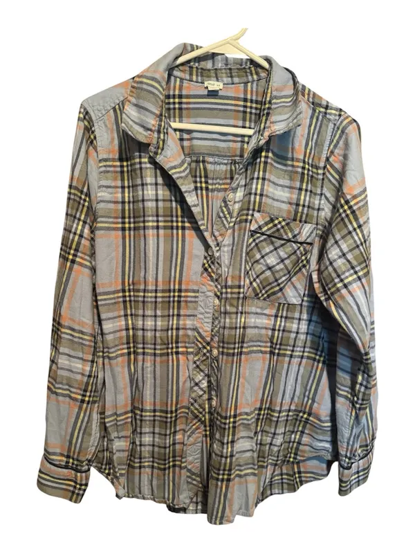 Aerie Plaid Button-Up Shirt – Light Blue/Orange/Gray – Size M - Image 2
