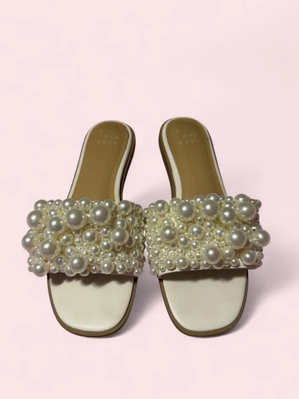 a new day Pearl-Embellished Cream Slide Sandals - Image 2