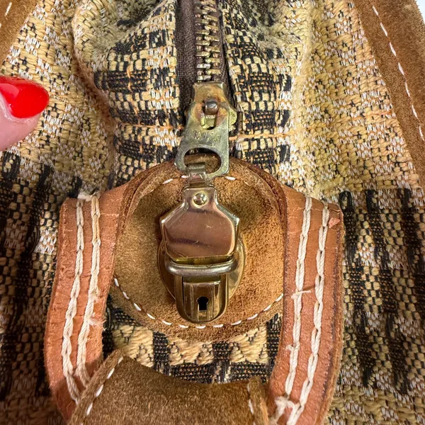 Vintage Brown Suede Tapestry Travel Bag Geometric 70s Boho Weekender Talon Zip - Image 12