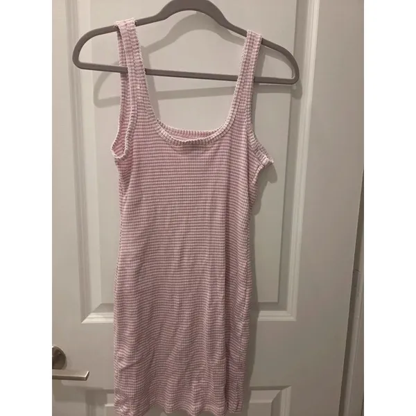 Pink White Striped Ribbed Tank Dress Bodycon Mini size M - Image 2