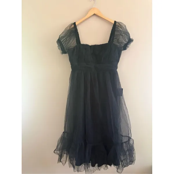 Lulus Flawless Aura Black Tulle Puff Sleeve Ruffled Midi Dress Size XL Formal - Image 4