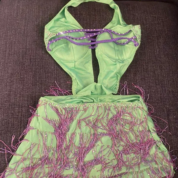 Lime green and purple cut out - mini skirt beaded dance costume - Image 2