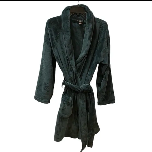 Victoria’s Secret Hunter Green Short Plush Tie Robe Embroidered Logo XS S - Image 2