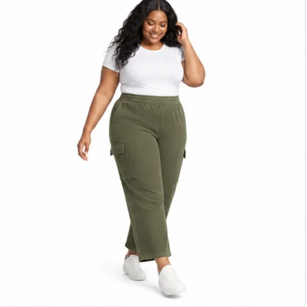 Terra & Sky Womens Plus Size 3X Olive Cargo Pants French Terry Wide Leg 28in - Image 6