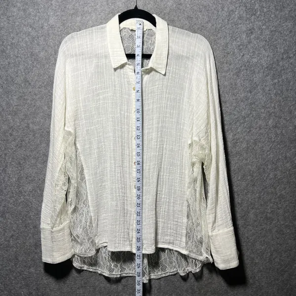 Hem &‎ Thread Ivory Lace Panel Gauze Button Down Shirt Large Boho Romantic Sheer - Image 4
