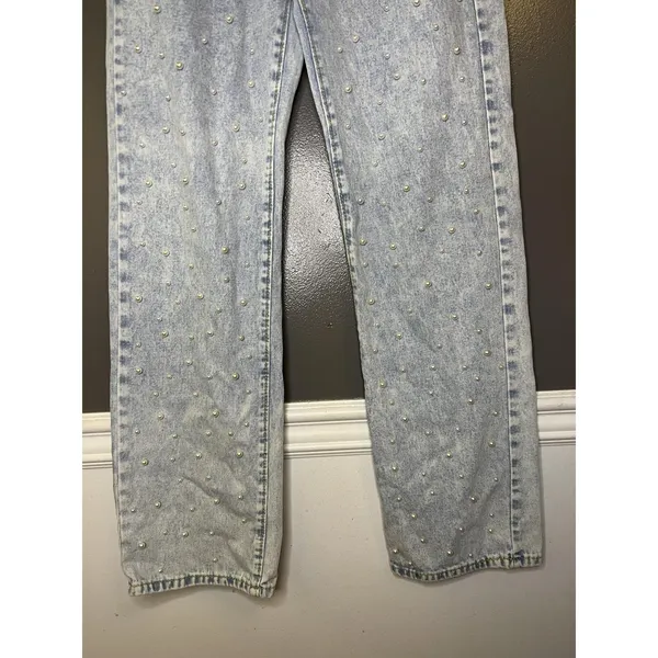 Jeans Womens M Blue Acid Wash High Rise Pearl Beaded Straight Denim Pants - Image 3