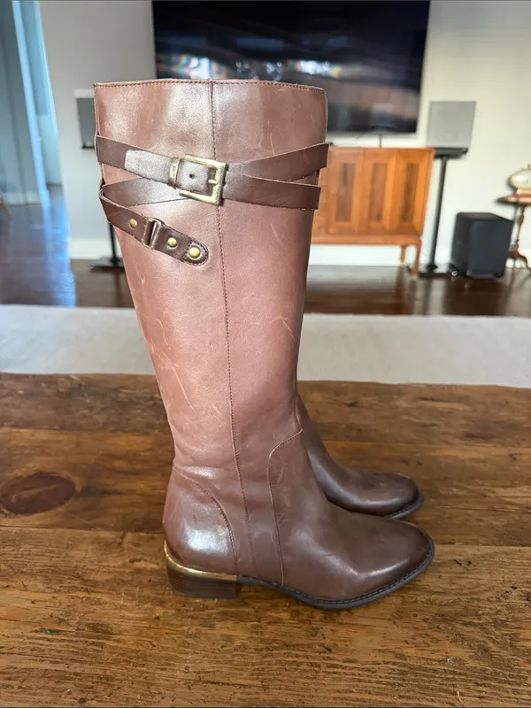 Franco Sarto Brown Leather Gold Hardware Celeste Riding Boots Size 5.5 - Image 5