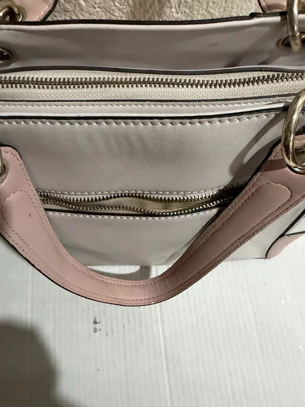 Guess Blush & Cream Colorblock Tote Bag Gold Logo Charm Pom Pom Large - Image 10