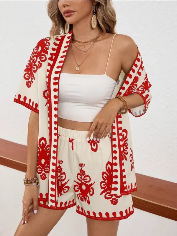 Cream And Red Printed Two-Piece Lounge Set - Image 7