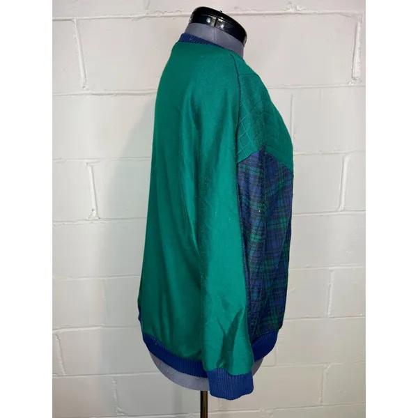 sweatshirt plaid chevron quilted green navy shoulder pads 1980s - Image 8