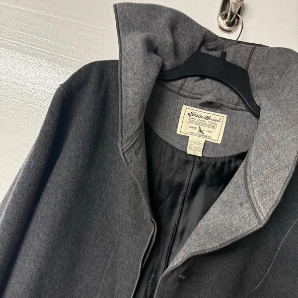 Vintage Eddie Bauer Coat Women M Gray Hood Button Front Wool Nylon Blend Pockets - Image 4