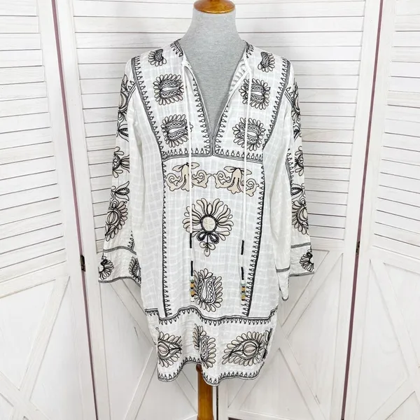 Zara Boho Embroidered Textured Cotton Tunic Shift Mini Dress White Tan Black XS‎ - Image 2