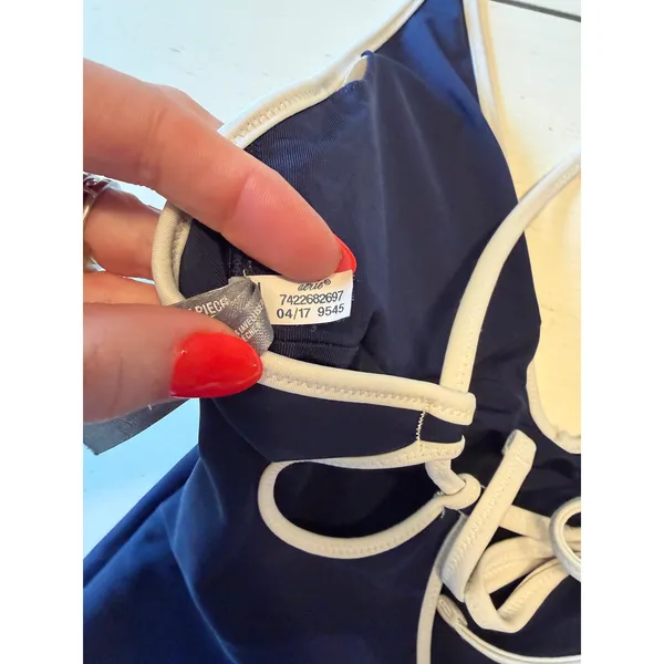 Aerie Womens Navy Blue White Trim Lace Up Back High Cut‎ One Piece Swimsuit S - Image 4