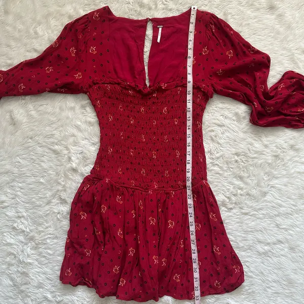 Free People Dress Two Faces Mini Ruched Bodice Long Sleeve Boho Ruby Red S - Image 12