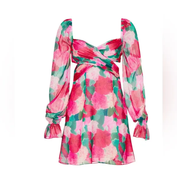 Louna- Floral Pink Multi Long-Sleeve Cut-Out Mini Dress Size Medium - Image 5