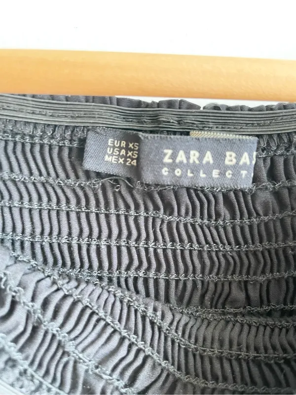 Zara 100% Cotton Smocked Off The Shoulder Peasant Top Long Sleeve Black Size XS - Image 4