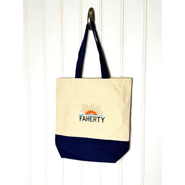 Faherty Canvas Tote Bag Cream Navy Blue Sun Wave Logo Coastal Surf Reusable Bag - Image 3
