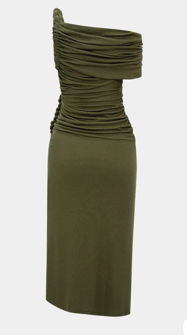 Cream Asymmetrical Shoulder Ruched Twist Maxi Dress - Image 2