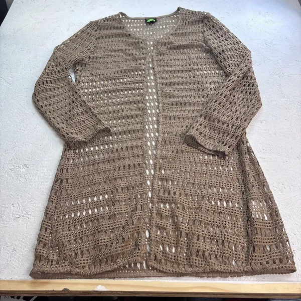 Tunnel Vision Women's XXL Crochet Duster Open Cardigan Taupe Boho Long Sleeve - Image 7