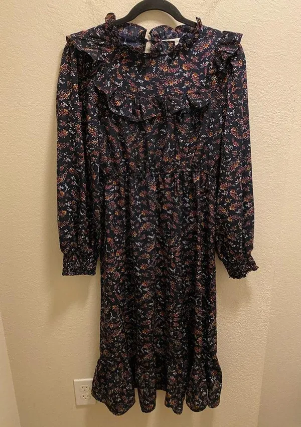 Bohme Modest Long Sleeve Smocked Floral Ruffle Midi Dress Size M - Image 2