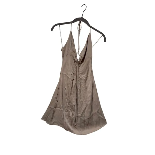 Zara Taupe Halter Mini Dress Womens XS Open Back Ruched Tie A Line Made Turkey - Image 3