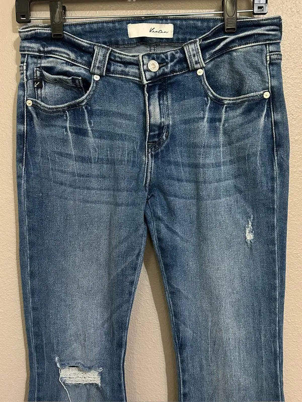 Kancan Low Rise Distressed Medium Wash Flare Denim Jeans Women’s Size 9 28 - Image 4