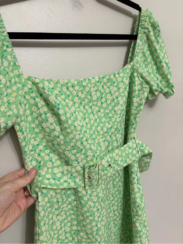 Zara Linen Blend Puff Sleeve Mini Dress in Light Green Floral Daisy Print Size S - Image 9