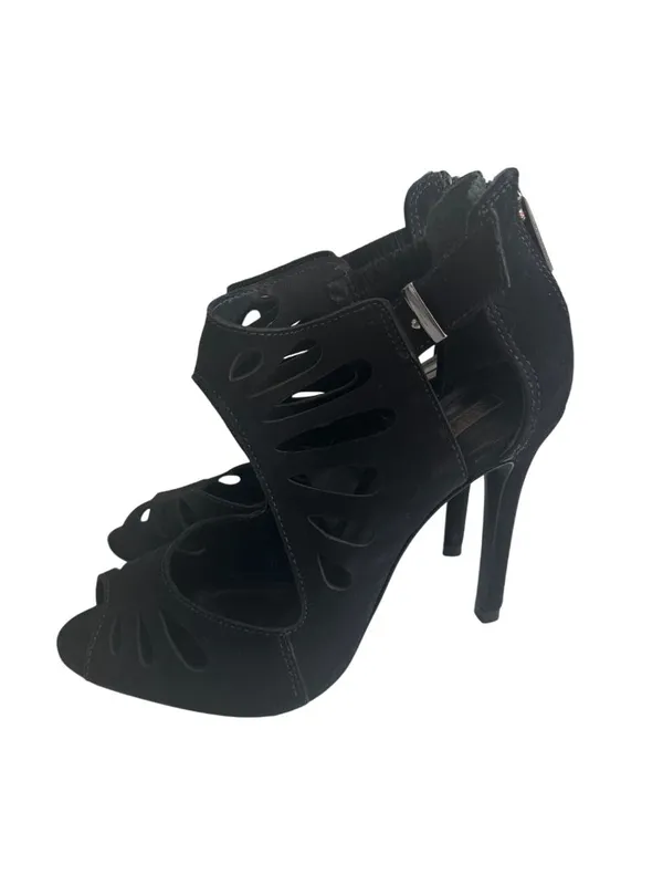 SCHUTZ Black Suede Zip Sandals Heels Size 6.5 - Image 3