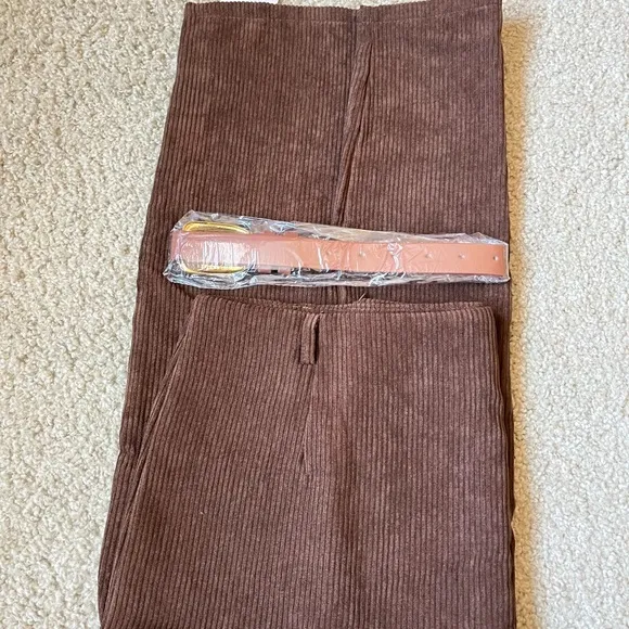 Corduroy Midi Skirt Women Small Brown New High Waist Front‎ Slit with Belt xxs - Image 4