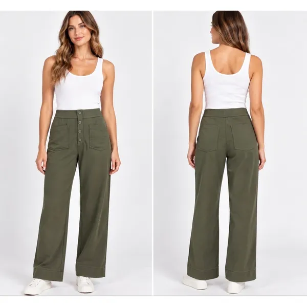 Halara Olive Green Wide Leg Pull On Dress Pants Large Patch Pockets Casual SOFT - Image 2