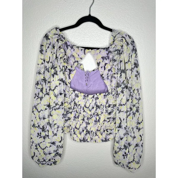 Free People Floral Ruched Blouse Womens Medium Long Sleeve Lace Up Smocked Back - Image 6