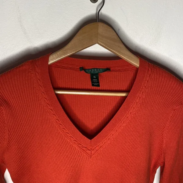Lauren Ralph Lauren cotton v-neck 3/4 sleeve ribbed knit sweater size XL - Image 3
