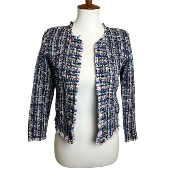 IRO Paris Multi Color Tweed Fringe Collarless Zip Pocket Jacket Blue Pink 36 4 - Image 9