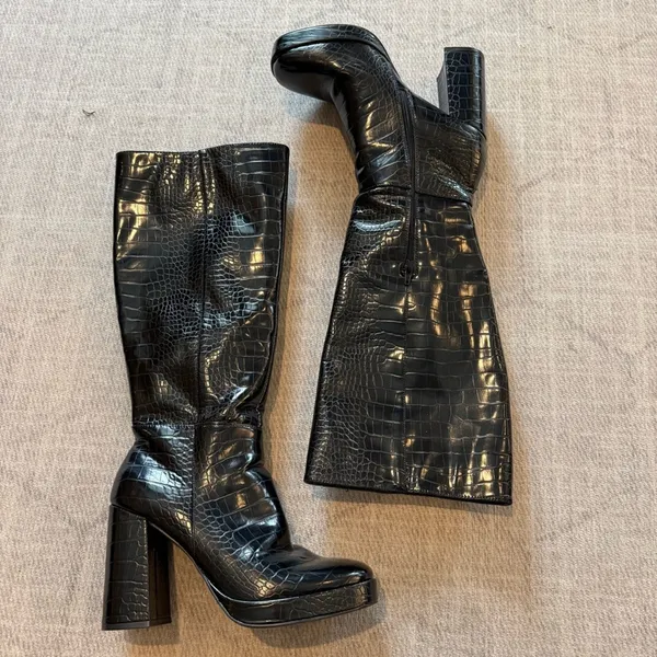River Island Y2K Black Croc Platform Knee High Boots 10 - Image 2