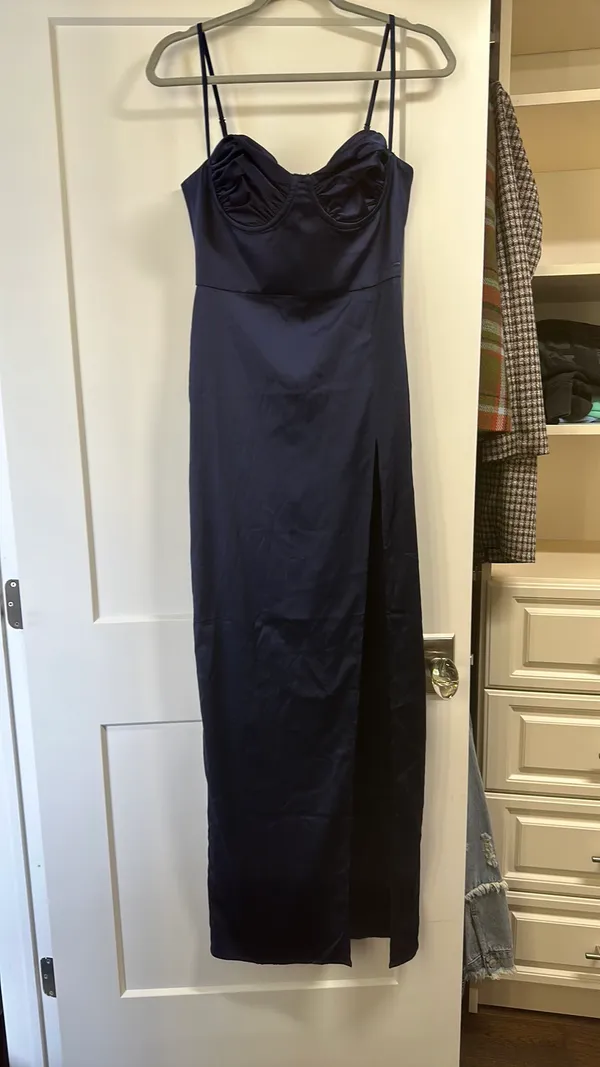 Babyboo Navy Blue Satin Maxi Dress With Front Slit - Image 2