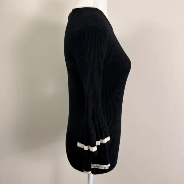 FRAME Black Wool Blend Rib Tiered Ruffle Bell Sleeve Striped Trim Sweater Small - Image 2