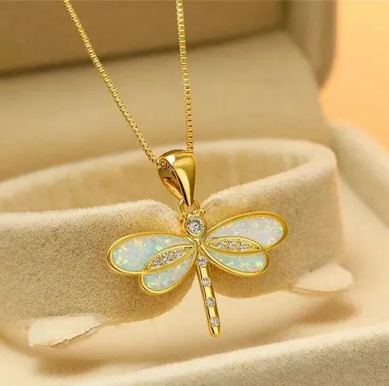 White Opal Dragonfly Gold Pendant Necklace Cyrstal - Beautiful Nature, Elegant - Image 3