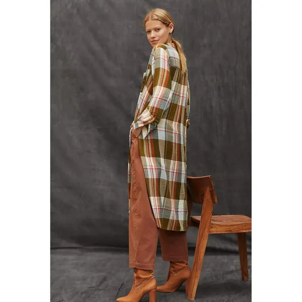 Pilcro Shirt Dress Women Medium Olive‎ Plaid Longline Duster Button Front Boho - Image 4