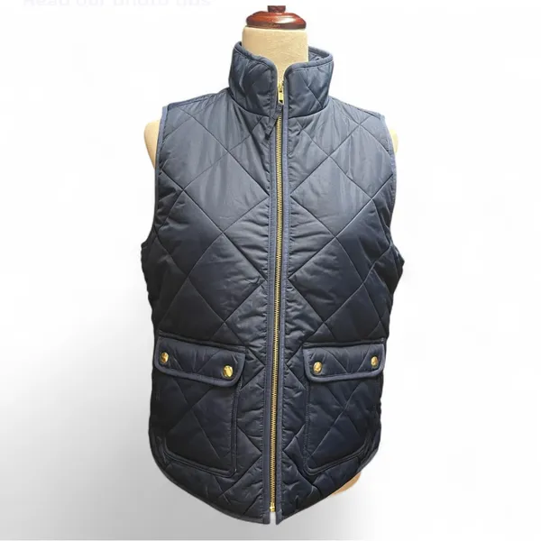 J.Crew Womens S Navy Blue Puffer Zip Up‎ Vest Gingham Print Snap Buttons Preppy - Image 2