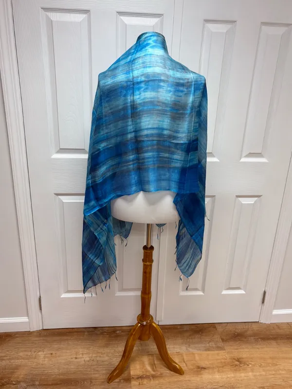 Blue Brushstroke Hand-Dyed Mulberry Silk Scarf -31" x 67" - NEW In Bag. - Image 4