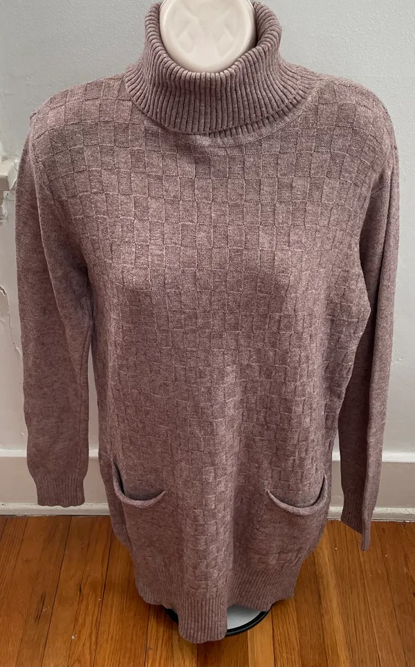 Wool Blend Brown Cable Knit Turtleneck Sweater Dress with Pockets, size M - Image 2