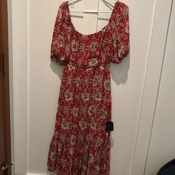 NWT Lulus Daily Daydream Rust Red Floral Print Puff Sleeve Midi Dress - Size L - Image 4